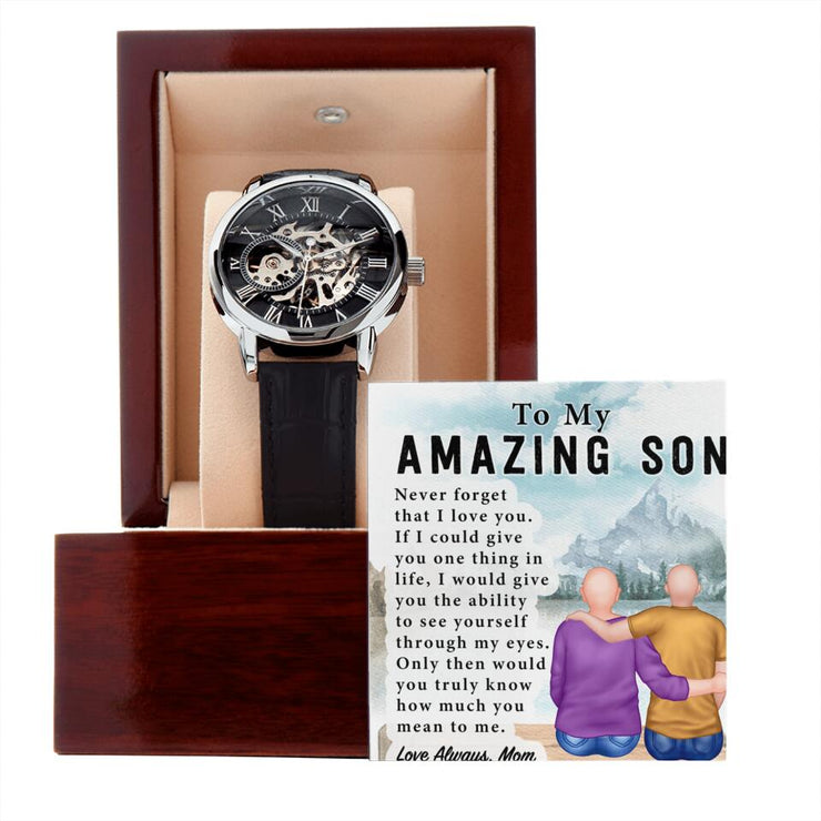 From Mom to Son Openwork Watch with Personalized Message Card