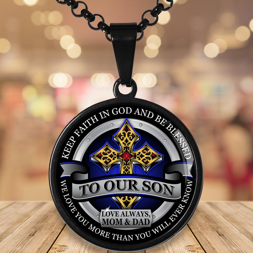 From Mom & Dad to Son - Be Blessed - Graphic Medallion Necklace