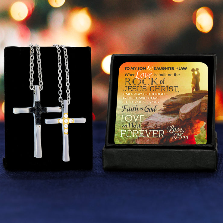 From Mom to Son & Daughter-in-Law - Keepsake Card with Steel & Stone Cross Necklaces