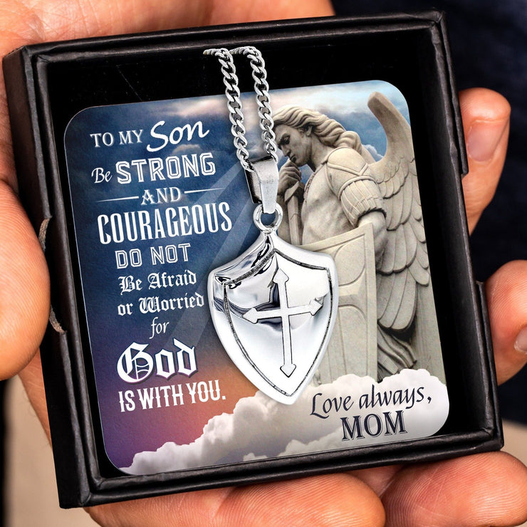 From Mom to Son - Keepsake Card with Joshua 1:9 Shield Necklace