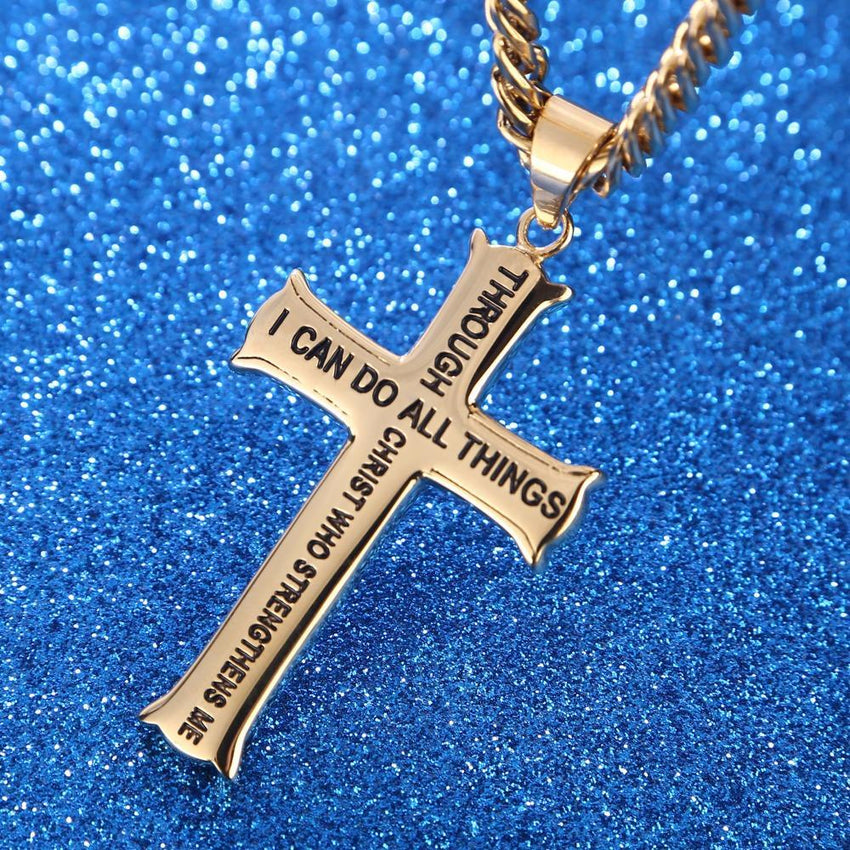 Gold Philippians 4:13 Jewelry Stainless Steel Cross Necklace w/ Figaro Chain