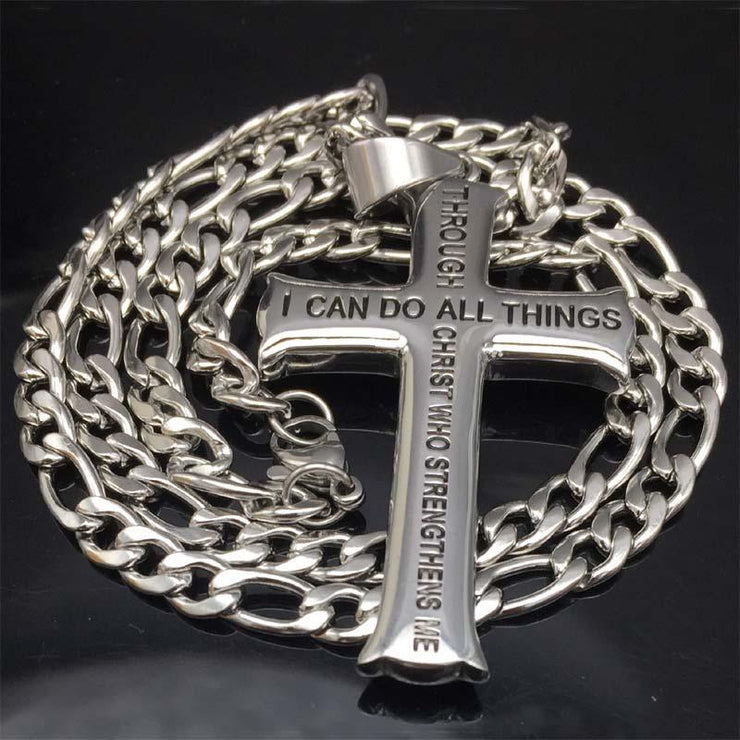 Stainless Steel Cross Pendant & Figaro Chain Necklace