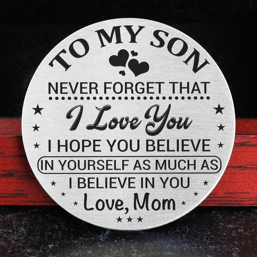 PREMIUM Cherrywood Gift Box From Mom to Son - Never Forget That I Love You - Stainless Steel EDC Keepsake Coin