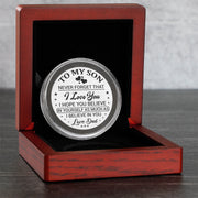 PREMIUM Cherrywood Gift Box PLUS Coin Capsule From Dad to Son - Never Forget That I Love You - Stainless Steel EDC Keepsake Coin